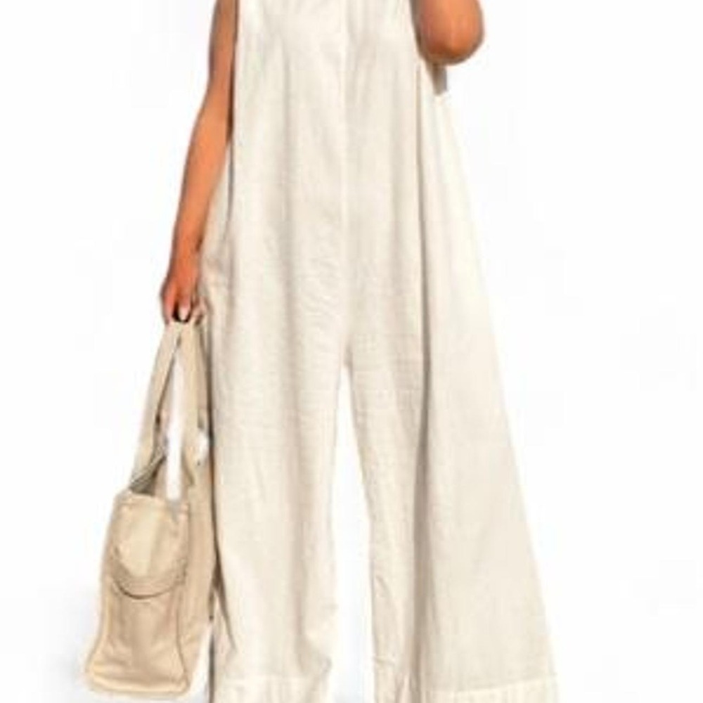 UOOZEE Womens White Linen Blend Wide Leg Shoulder Pad Jumpsuit 3XL NEW